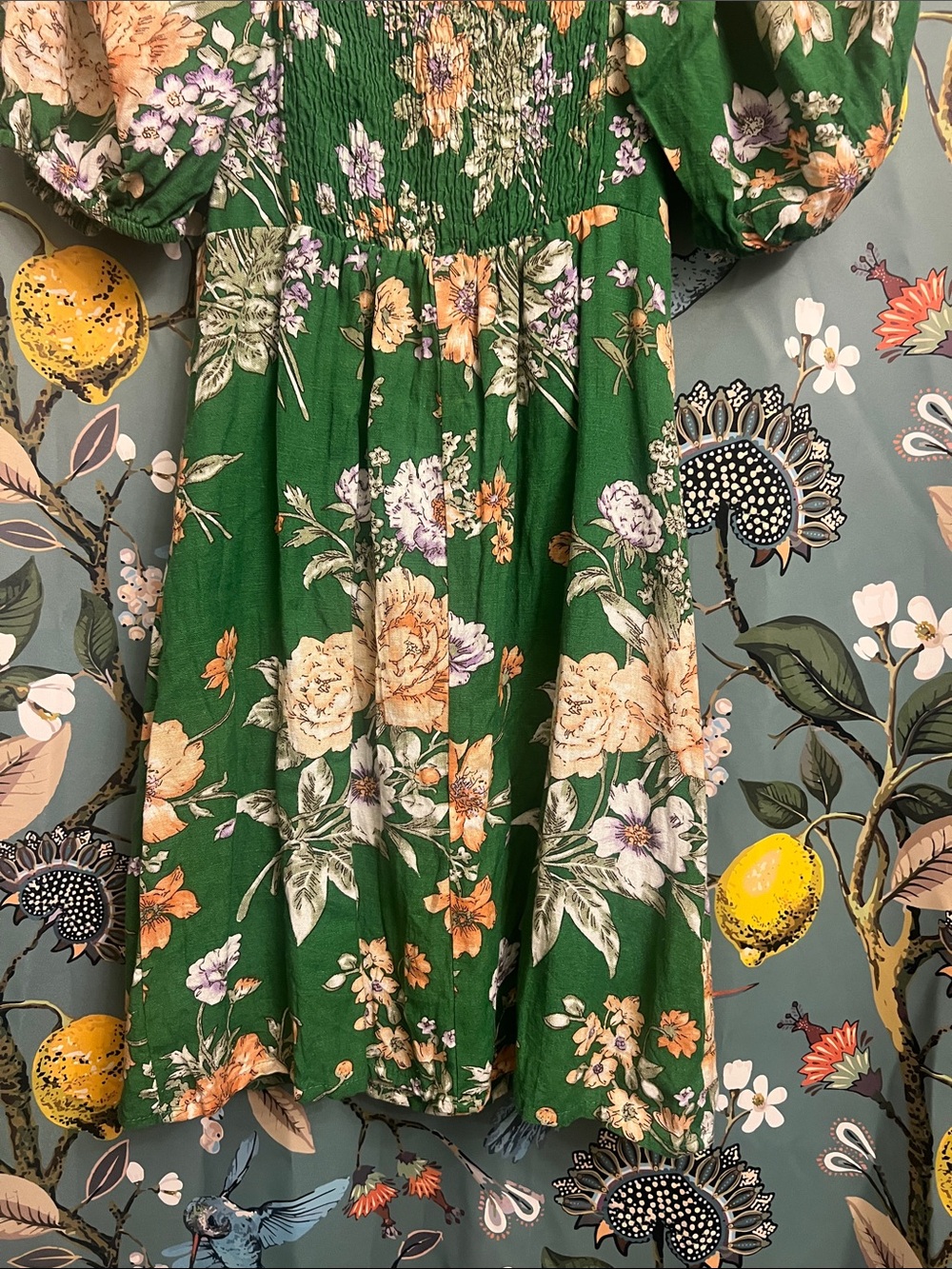 Green Floral Puff-Sleeve Mini Dress - Picture 7 of 7
